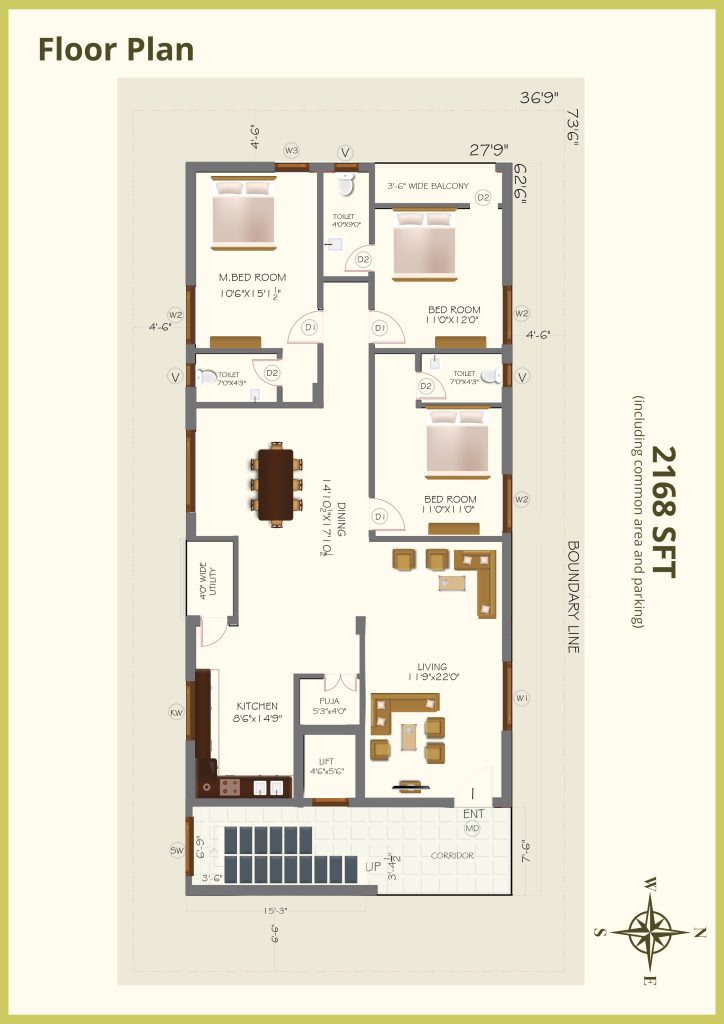 3BHK Kompaly floor Plan